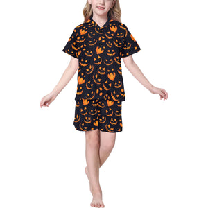 Halloween pattern Pumpkin background Kids' Boys' Girls' V-Neck Short Pajama Set