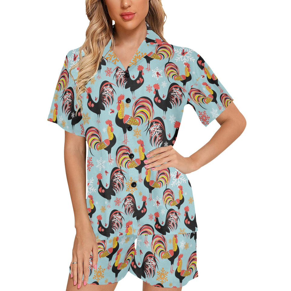 Rooster chicken cock snowfalke Women's V-Neck Short Pajama Set