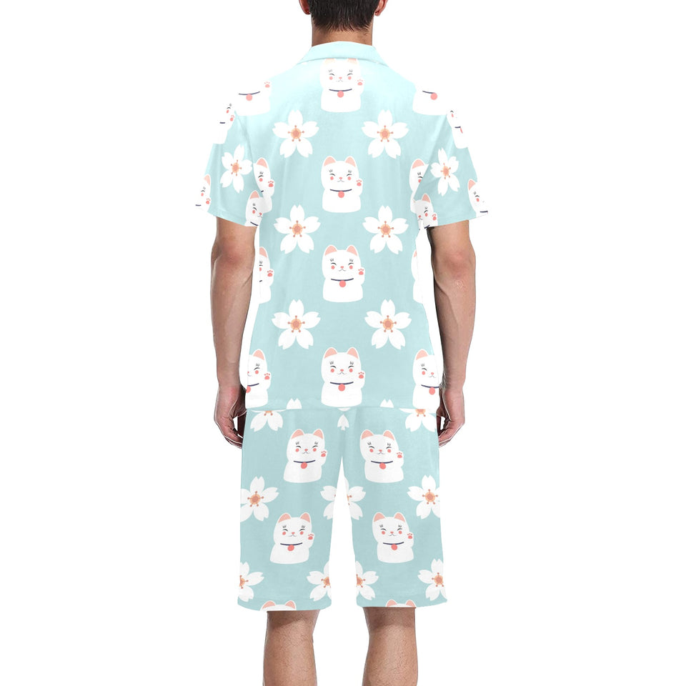 Maneki neko cat sakura Men's V-Neck Short Pajama Set