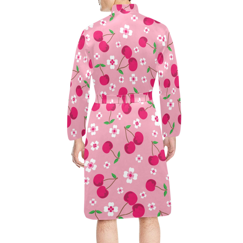 cherry flower pattern pink background Men's Long Sleeve Belted Night Robe