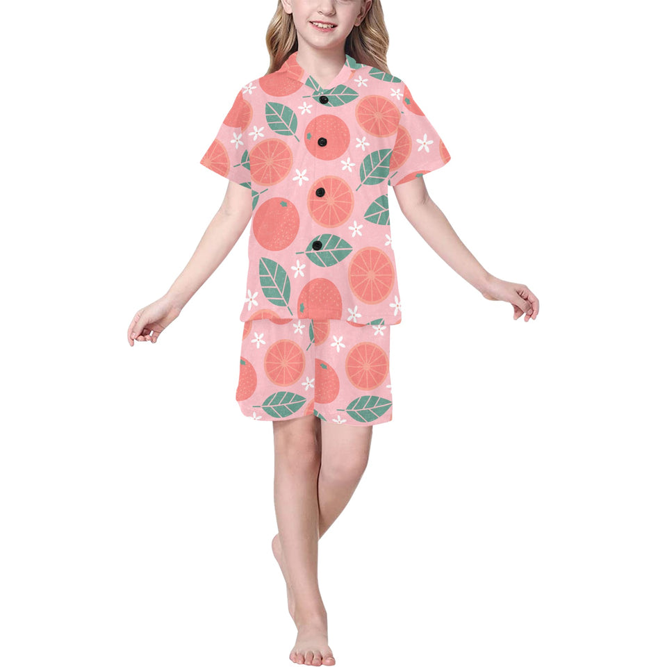 Grapefruit leaves flower pink background Kids' Boys' Girls' V-Neck Short Pajama Set