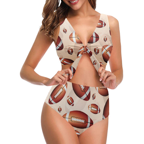 American football ball design pattern Chest Bowknot High Waisted Bikini Swimsuit