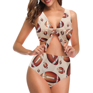 American football ball design pattern Chest Bowknot High Waisted Bikini Swimsuit