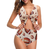 American football ball design pattern Chest Bowknot High Waisted Bikini Swimsuit