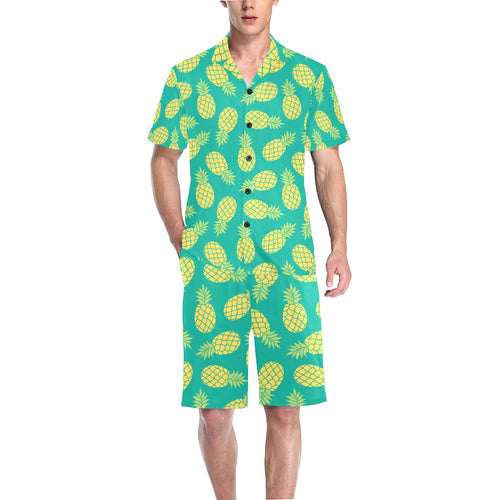 Pineapples pattern green background Men's V-Neck Short Pajama Set