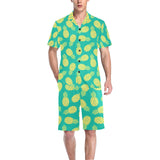 Pineapples pattern green background Men's V-Neck Short Pajama Set