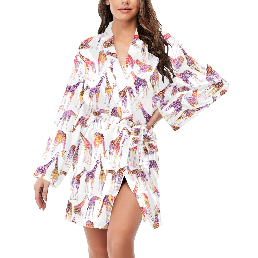 Giraffe Pattern Print Design 02 Women's Long Sleeve Belted Night Robe