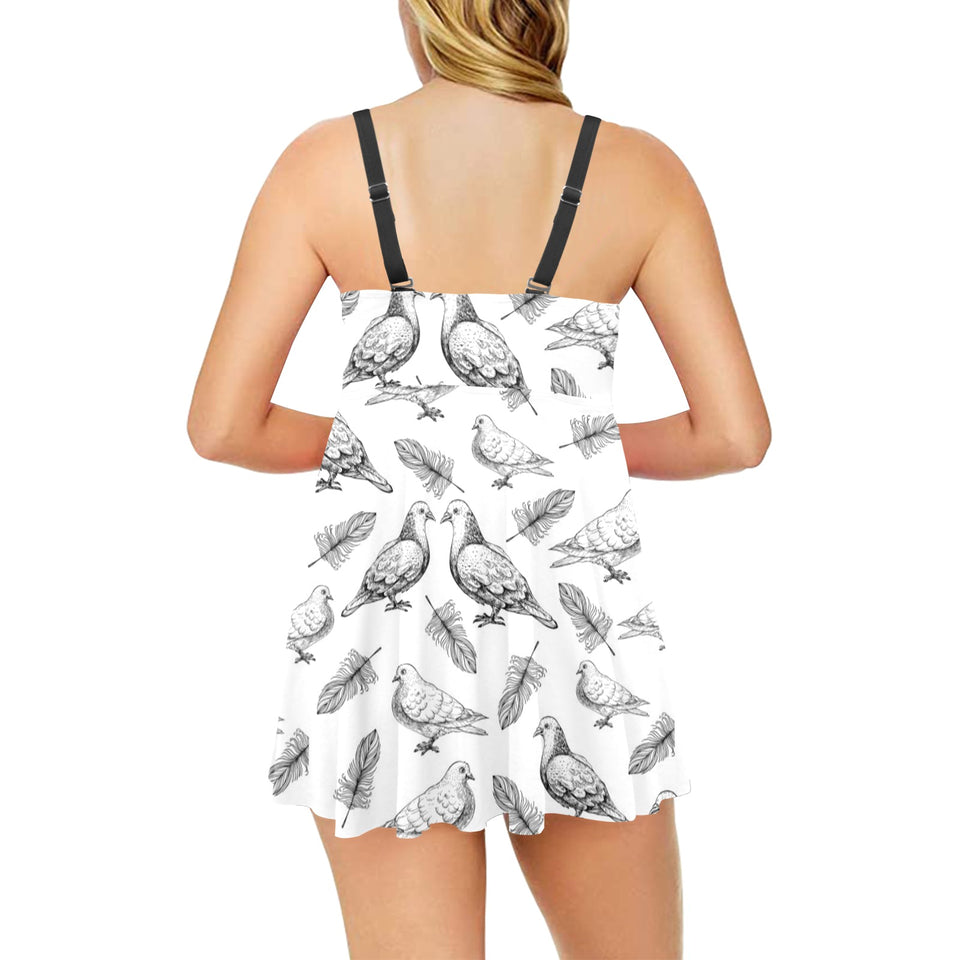 Pigeon Pattern Print Design 05 Chest Sexy Pleated Two Piece Swim Dress