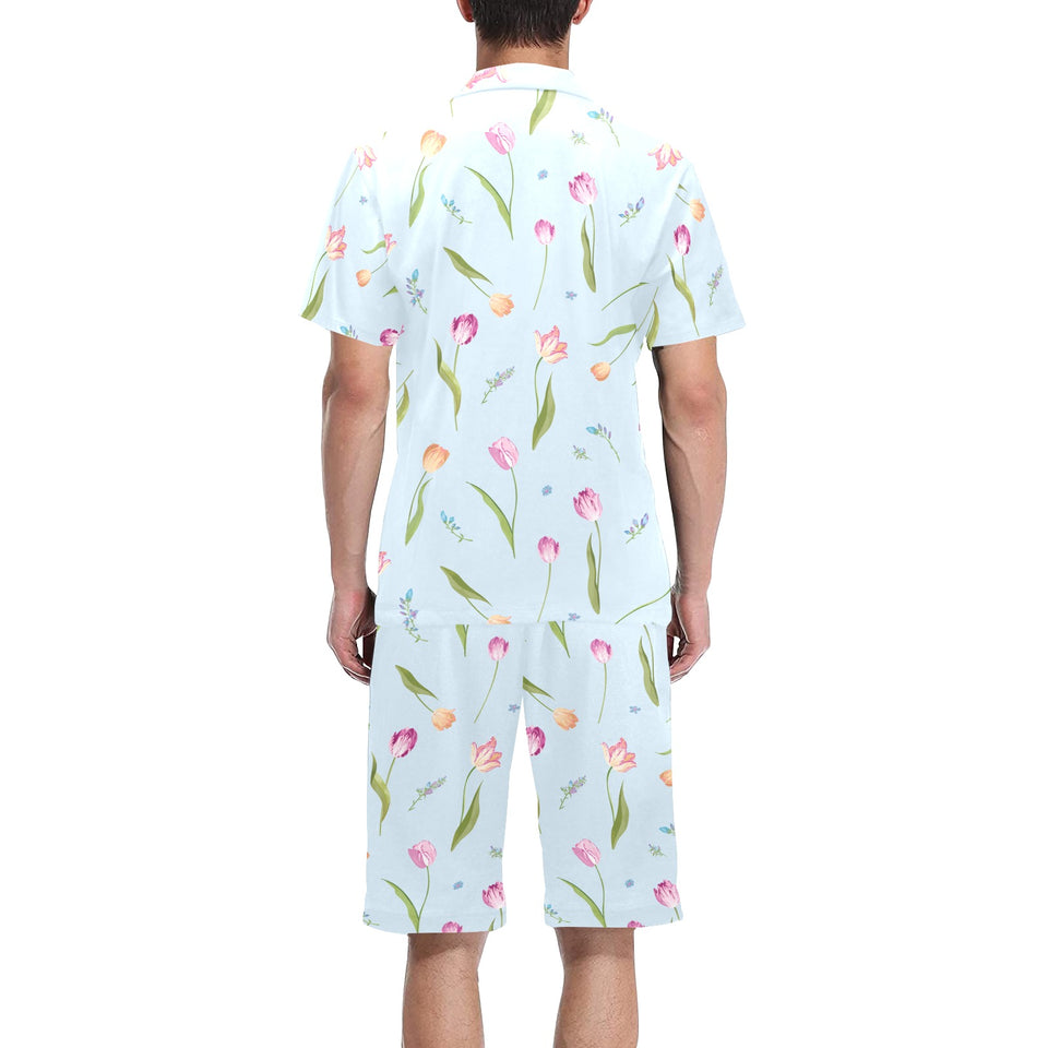 Watercolor Tulips pattern Men's V-Neck Short Pajama Set