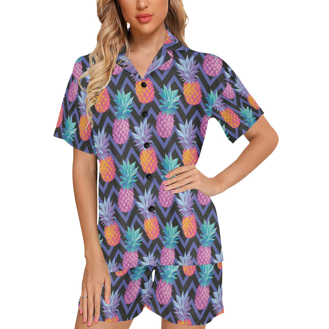 Pineapples pattern zigzag background Women's V-Neck Short Pajama Set
