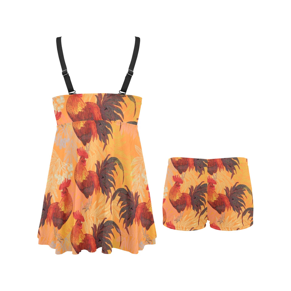 red rooster chicken cock pattern Chest Sexy Pleated Two Piece Swim Dress