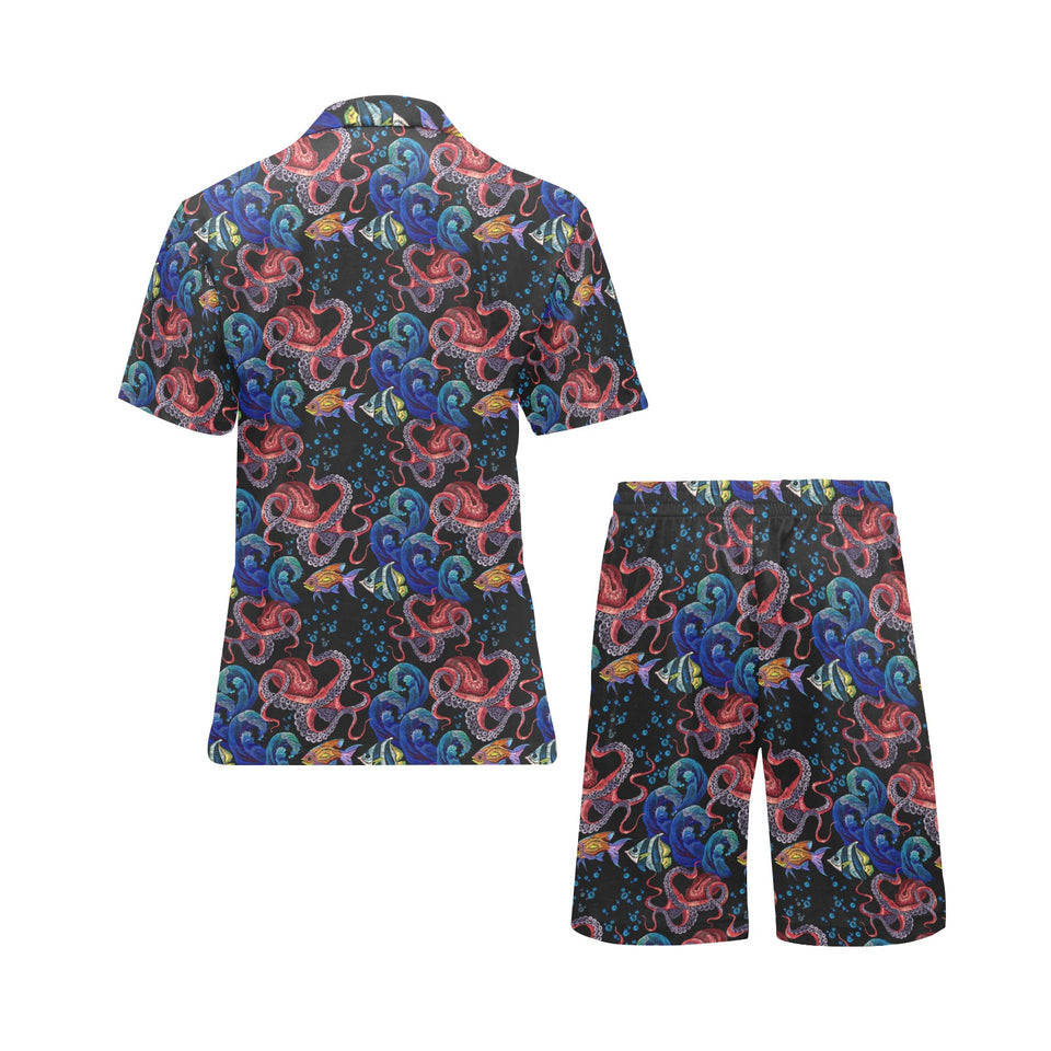 Octopus sea wave tropical fishe pattern Men's V-Neck Short Pajama Set