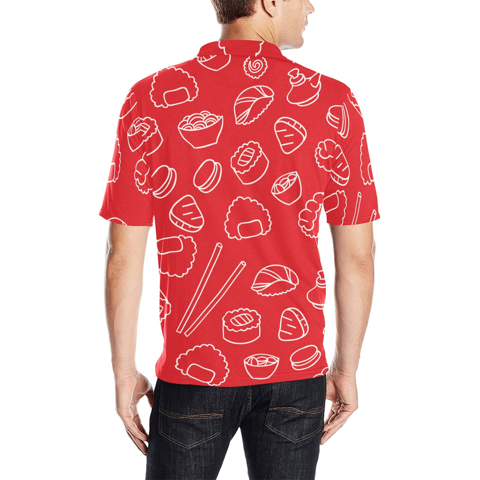 sushi pattern red background Men's All Over Print Polo Shirt