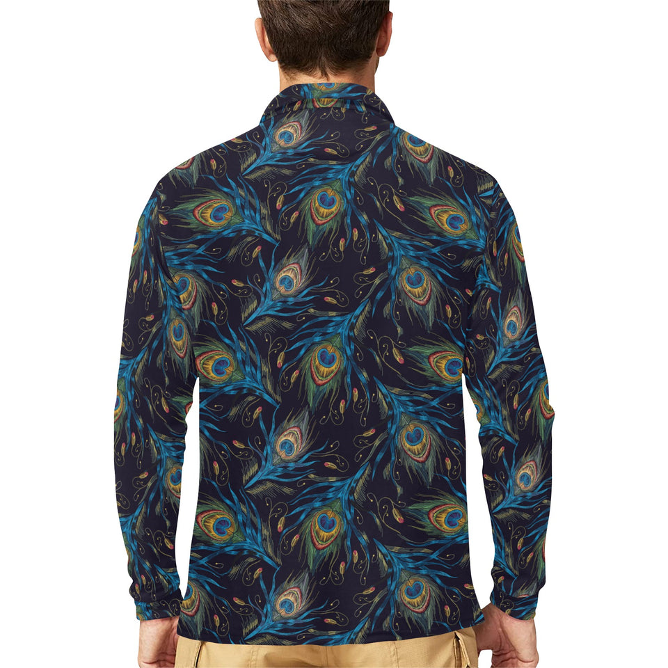 Beautiful peacock feather pattern Men's Long Sleeve Polo Shirt