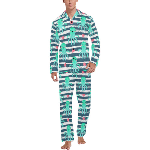 Cute octopuses heart striped background Men's Long Pajama Set