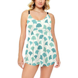Green ginkgo leaves pattern Chest Sexy Pleated Two Piece Swim Dress