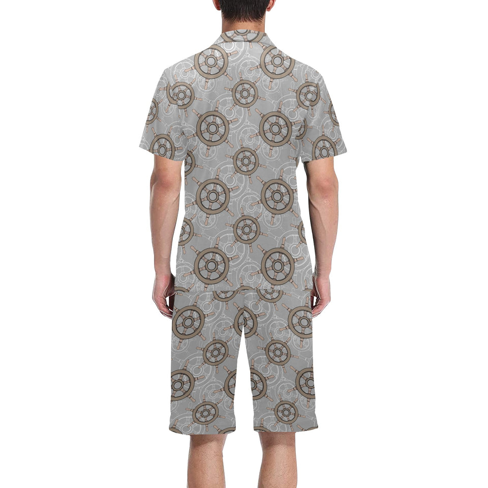 nautical wood steering wheel pattern Men's V-Neck Short Pajama Set