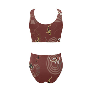 Koi Fish Carp Fish red background Chest Bowknot High Waisted Bikini Swimsuit