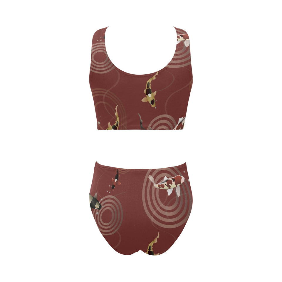 Koi Fish Carp Fish red background Chest Bowknot High Waisted Bikini Swimsuit
