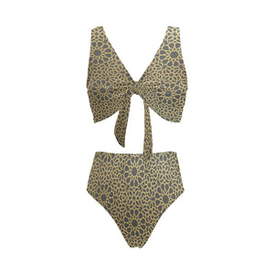 arabic star gold pattern Chest Bowknot High Waisted Bikini Swimsuit