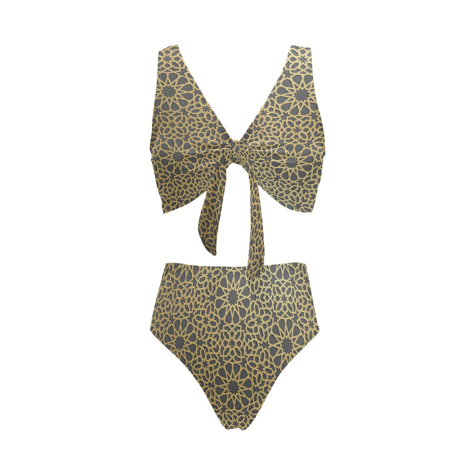 arabic star gold pattern Chest Bowknot High Waisted Bikini Swimsuit