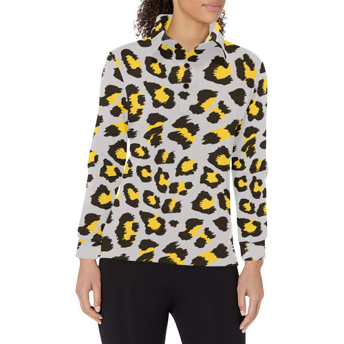 Gray Leopard print pattern Women's Long Sleeve Polo Shirt