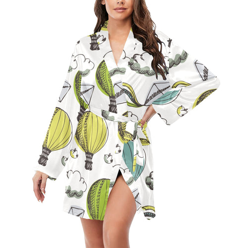 Hot Air Balloon Bird Cloud Pattern Women's Long Sleeve Belted Night Robe