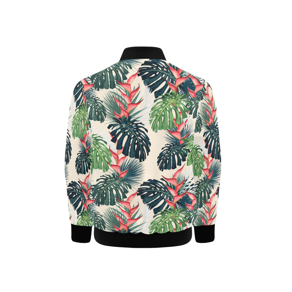 heliconia flowers, palm and monstera leaves Kids' Boys' Girls' Bomber Jacket