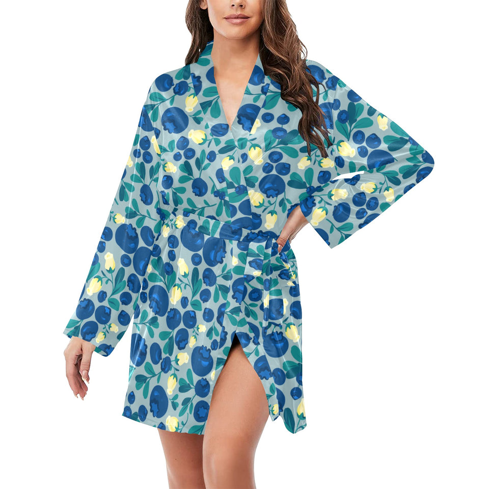 blueberry design pattern Women's Long Sleeve Belted Night Robe