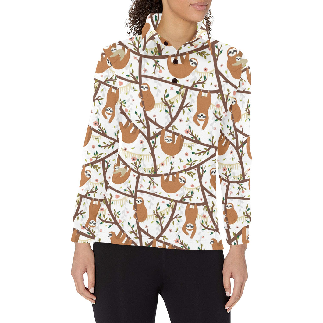 Sloths hanging on the tree pattern Women's Long Sleeve Polo Shirt