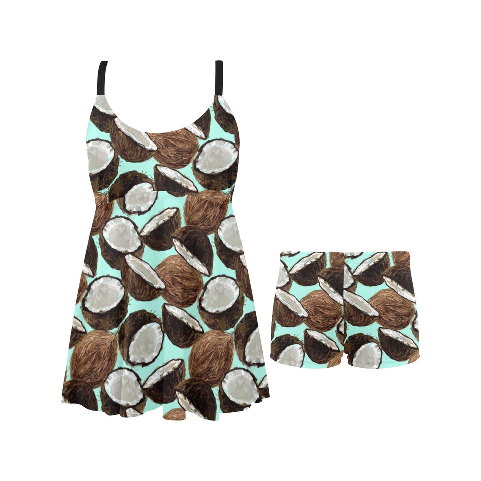 Coconut Pattern Print Design 03 Chest Sexy Pleated Two Piece Swim Dress