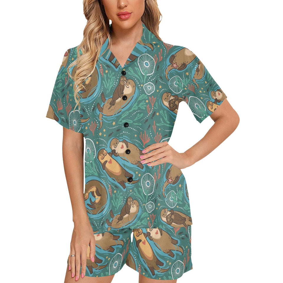 cute brown sea otters ornamental seaweed corals gr Women's V-Neck Short Pajama Set