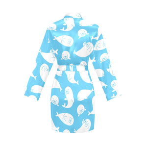 Cute white sea lion seals pattern Women's Long Sleeve Belted Night Robe