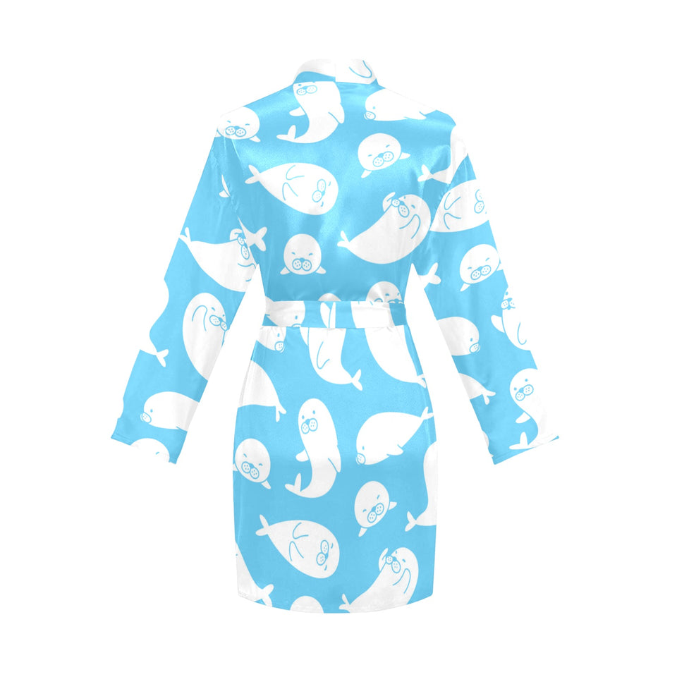 Cute white sea lion seals pattern Women's Long Sleeve Belted Night Robe