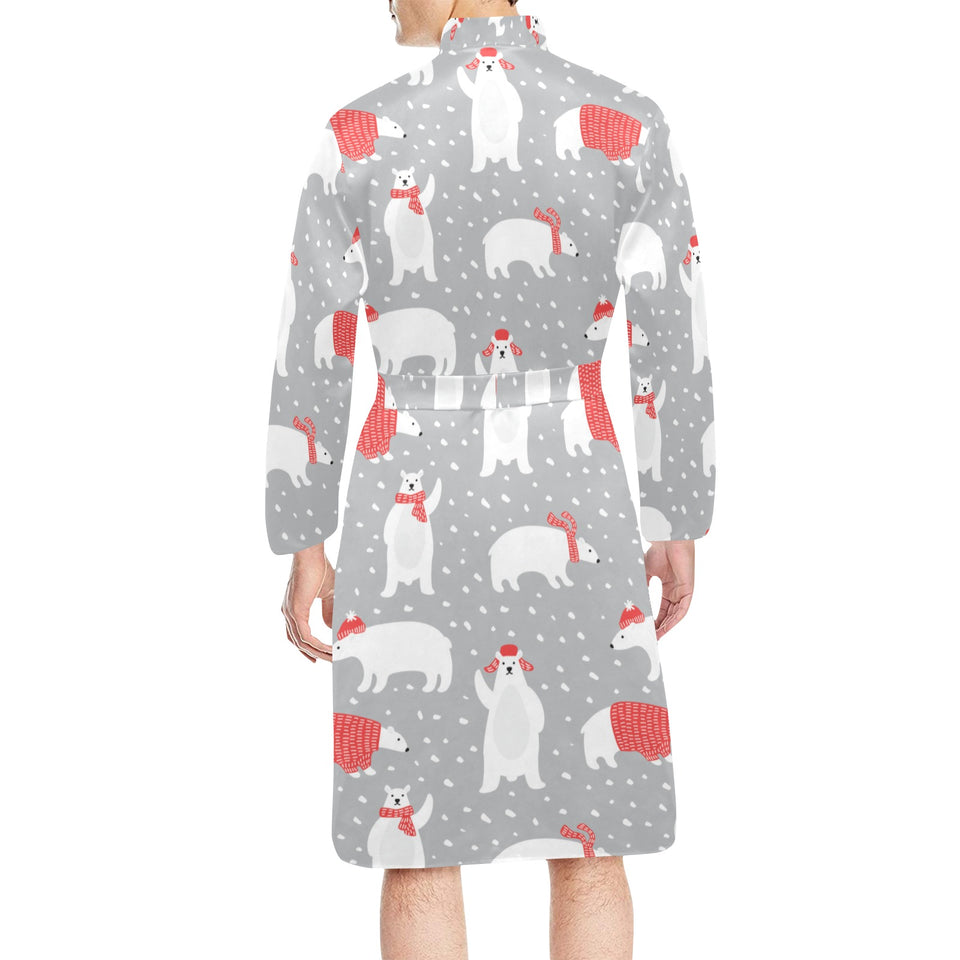 Cute polar bear christmas snow pattern Men's Long Sleeve Belted Night Robe