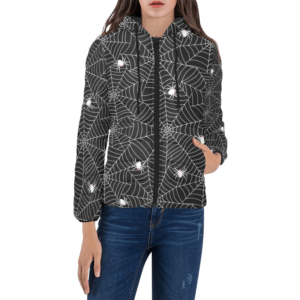 Spider web design pattern Black background white c Women's Padded Hooded Jacket