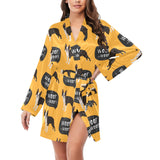 Boston terrier design pattern Women's Long Sleeve Belted Night Robe