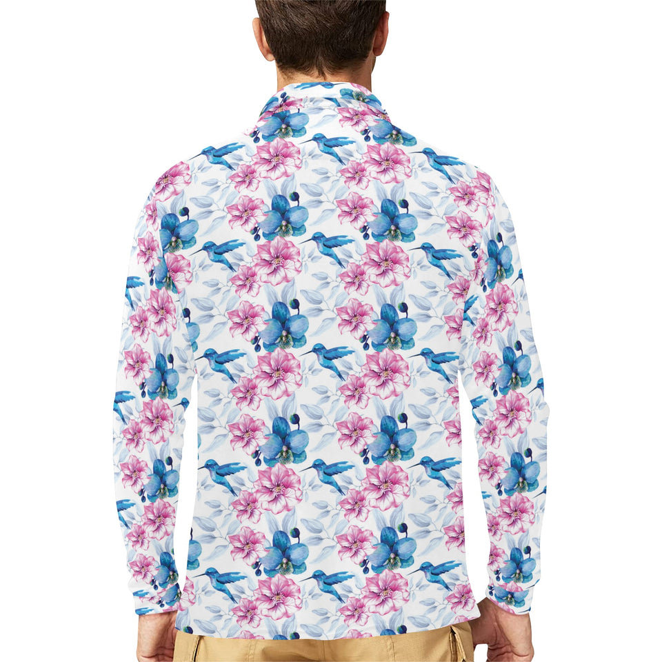Hummingbird Pattern Print Design 02 Men's Long Sleeve Polo Shirt