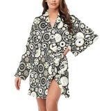 Gear Pattern Print Design 02 Women's Long Sleeve Belted Night Robe