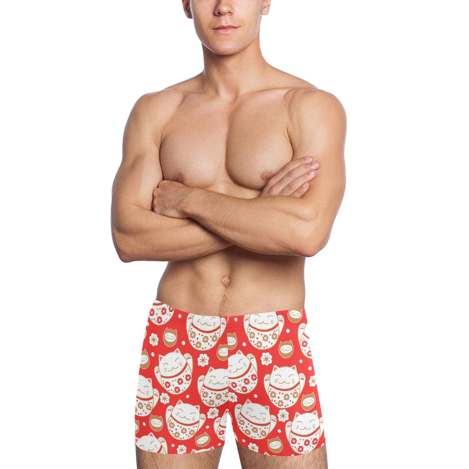 Cute Maneki neko cat red background Men's Swimming Trunks