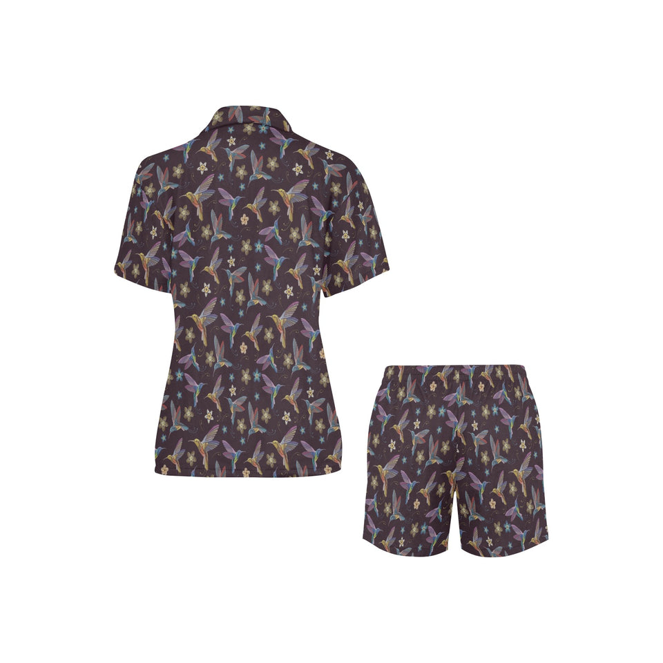 Hummingbird Pattern Print Design 04 Women's V-Neck Short Pajama Set
