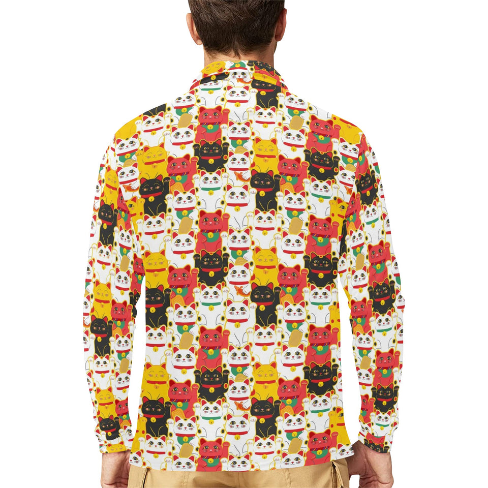 Colorful Maneki neko cat pattern Men's Long Sleeve Polo Shirt
