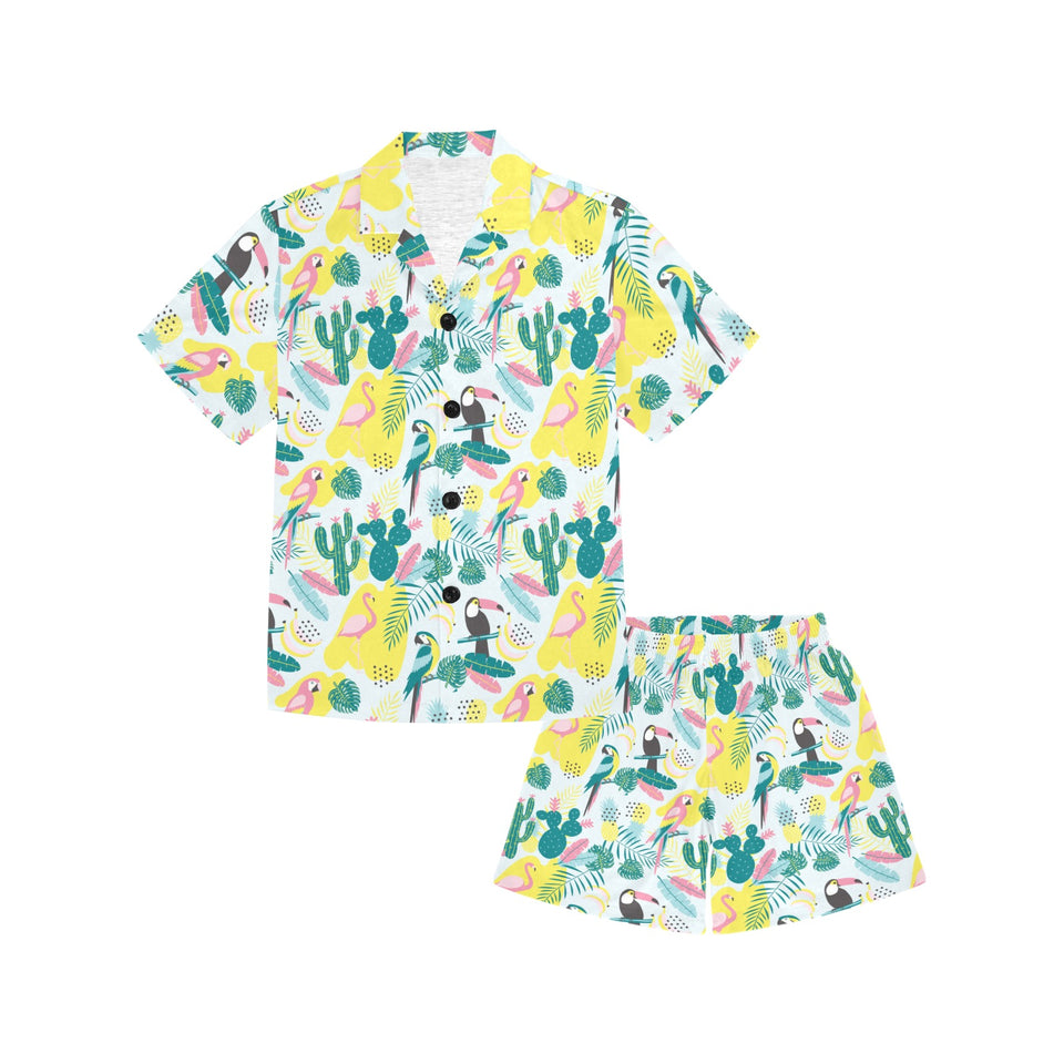 Cute parrot toucan flamingo cactus exotic leaves p Kids' Boys' Girls' V-Neck Short Pajama Set