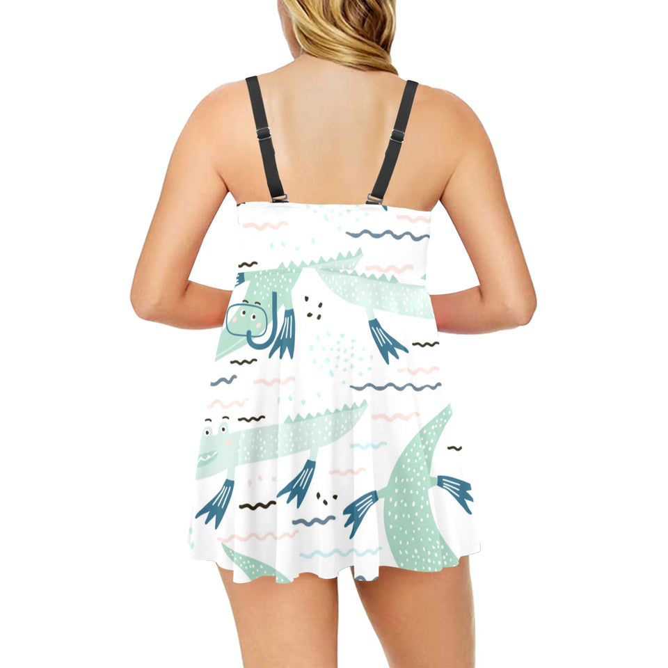 Crocodile diver pattern Chest Sexy Pleated Two Piece Swim Dress