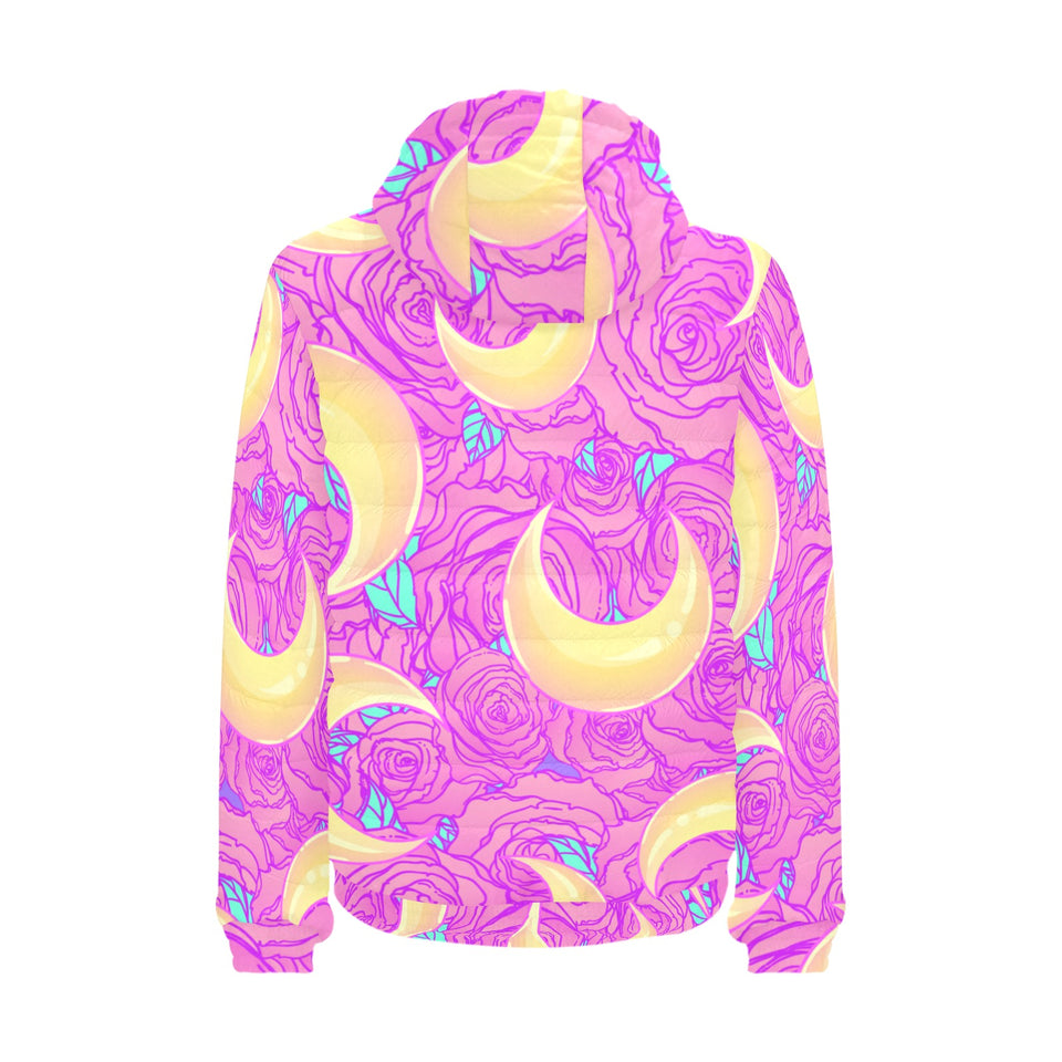 Moon pink rose background Men's Padded Hooded Jacket
