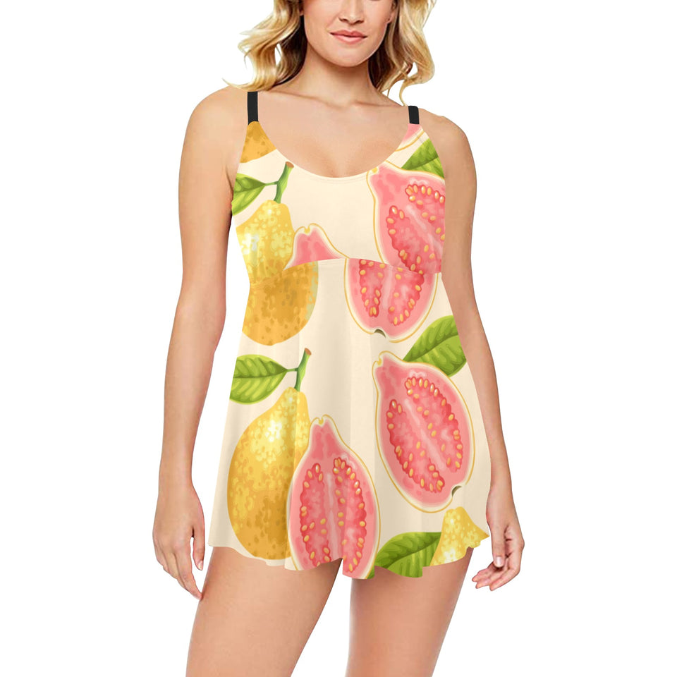 Beautiful guava pattern Chest Sexy Pleated Two Piece Swim Dress