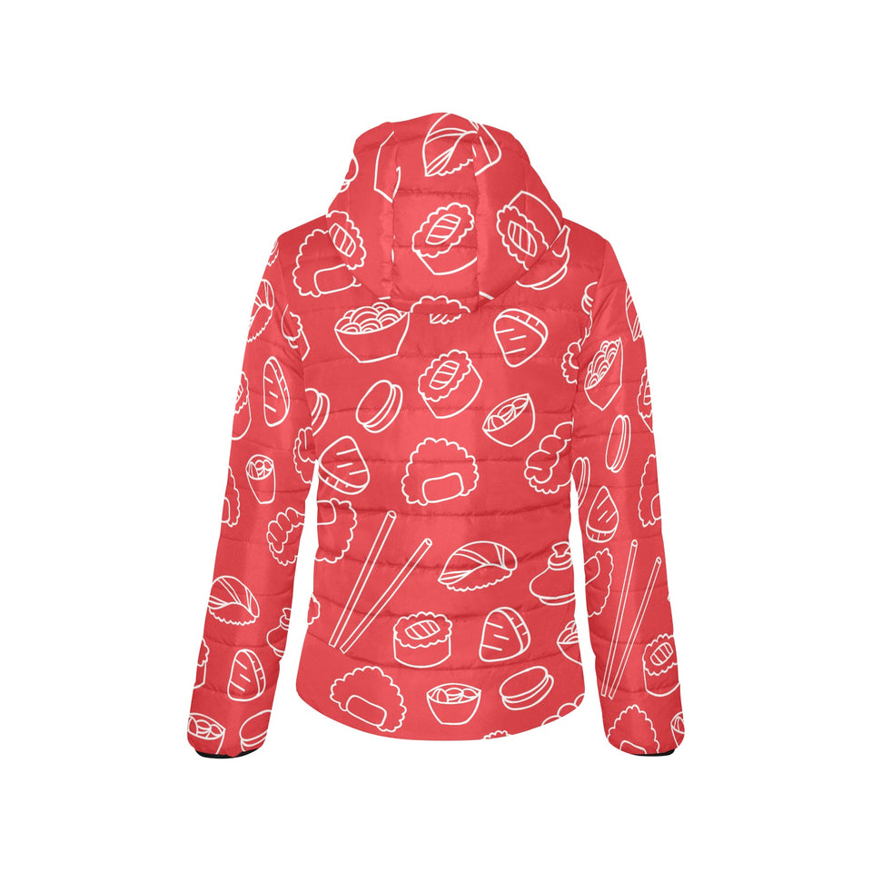 sushi pattern red background Women's Padded Hooded Jacket