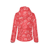 sushi pattern red background Women's Padded Hooded Jacket