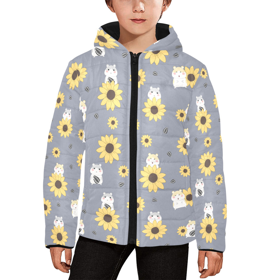 Cute hamster sunflower pattern background Kids' Boys' Girls' Padded Hooded Jacket