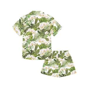 White orchid flower tropical leaves pattern Kids' Boys' Girls' V-Neck Short Pajama Set